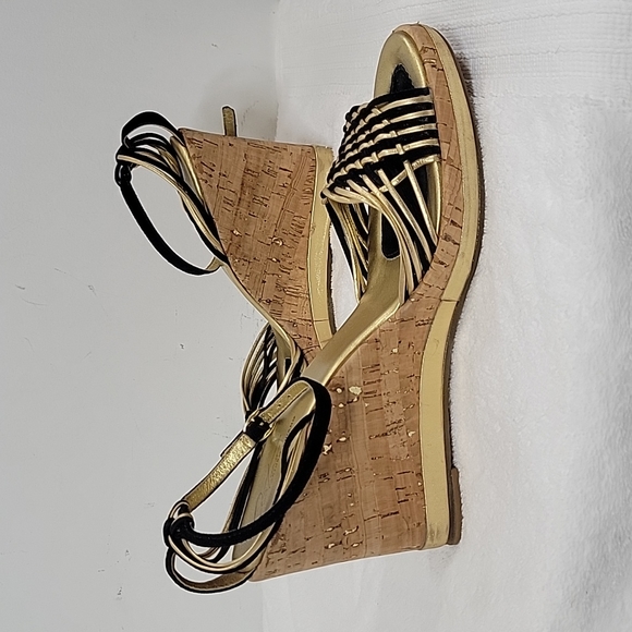 Arturo Chiang Wedge Sandals Size 9.5 Black and gold - Picture 7 of 13